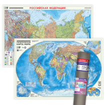 ПРОкарта интерактивная МИР полит.+РОССИЯ П/А, 101х69 см, ДВУХСТОР. ЛАМ. в тубусе
