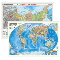 ПРОкарта интерактивная МИР полит.+РОССИЯ П/А, 101х69 см, ДВУХСТОР. ЛАМ. на рейках с европодвесом