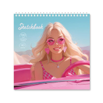 Скетчбук на гребне 19х19см. Блондинка в розовом. 100 г/м2 40 л.